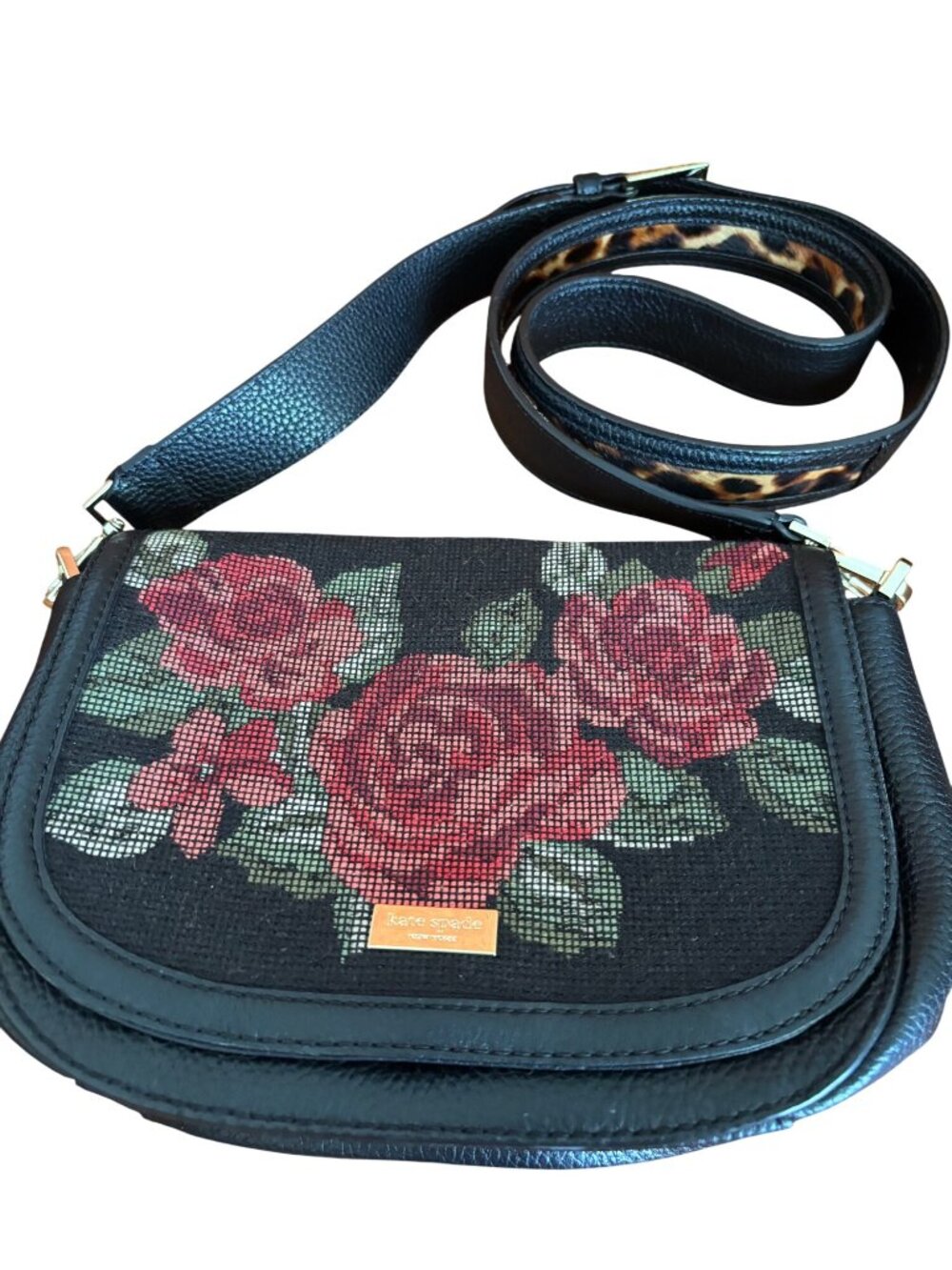 Kate Spade NY Seeley Lane Rae Crossbody Bag Rose Needlepoint & Leopard Strap - Picture 2 of 12